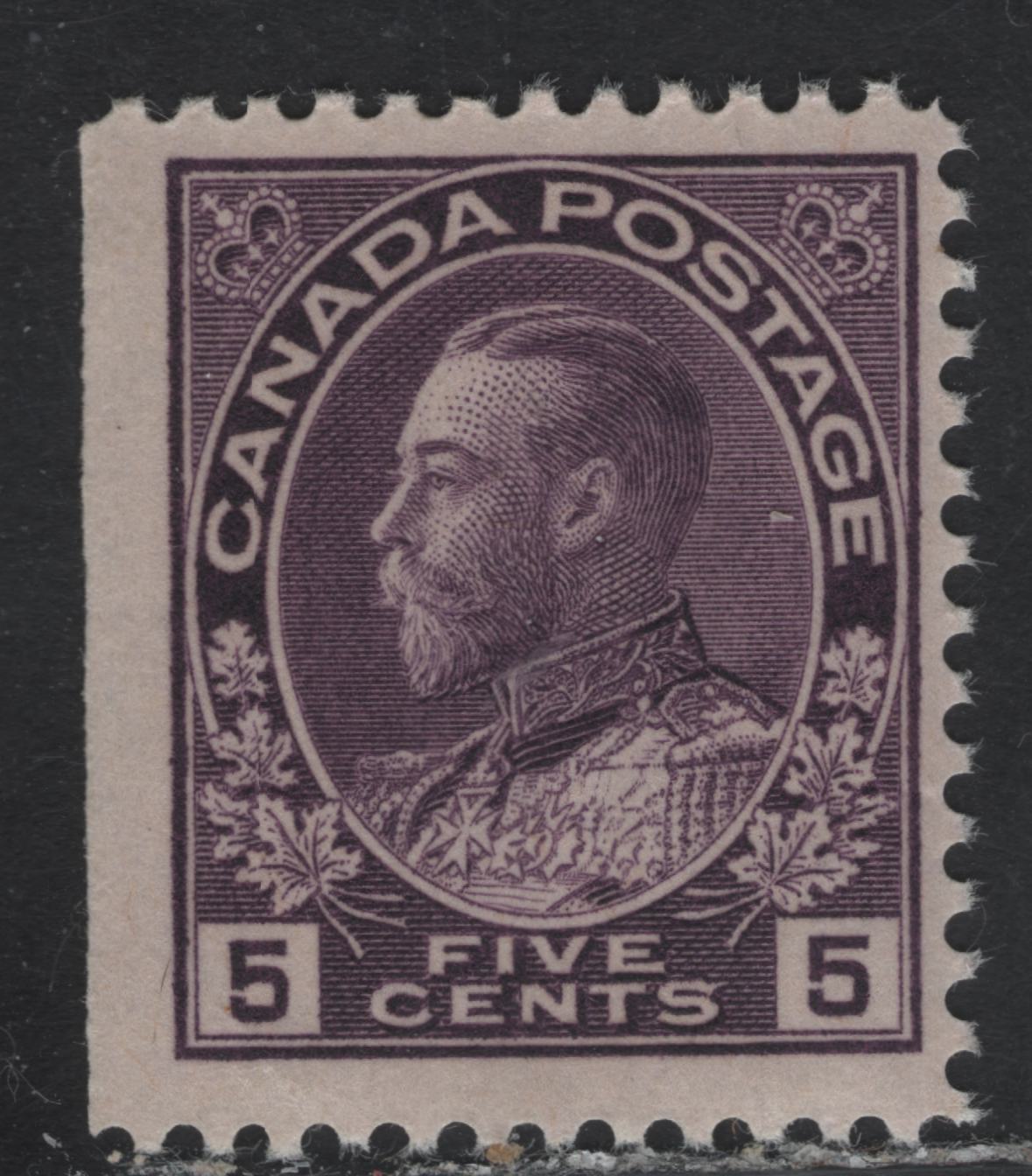 Lot 156 (C) Canada  #112c 5c Deep Rose Lilac King George V, 1911-1925 Admiral Issue, A FNH Left Sheet Margin, Dry Printing, Redrawn Framelines, Paper ABN-M, Perf 12x11.9.
