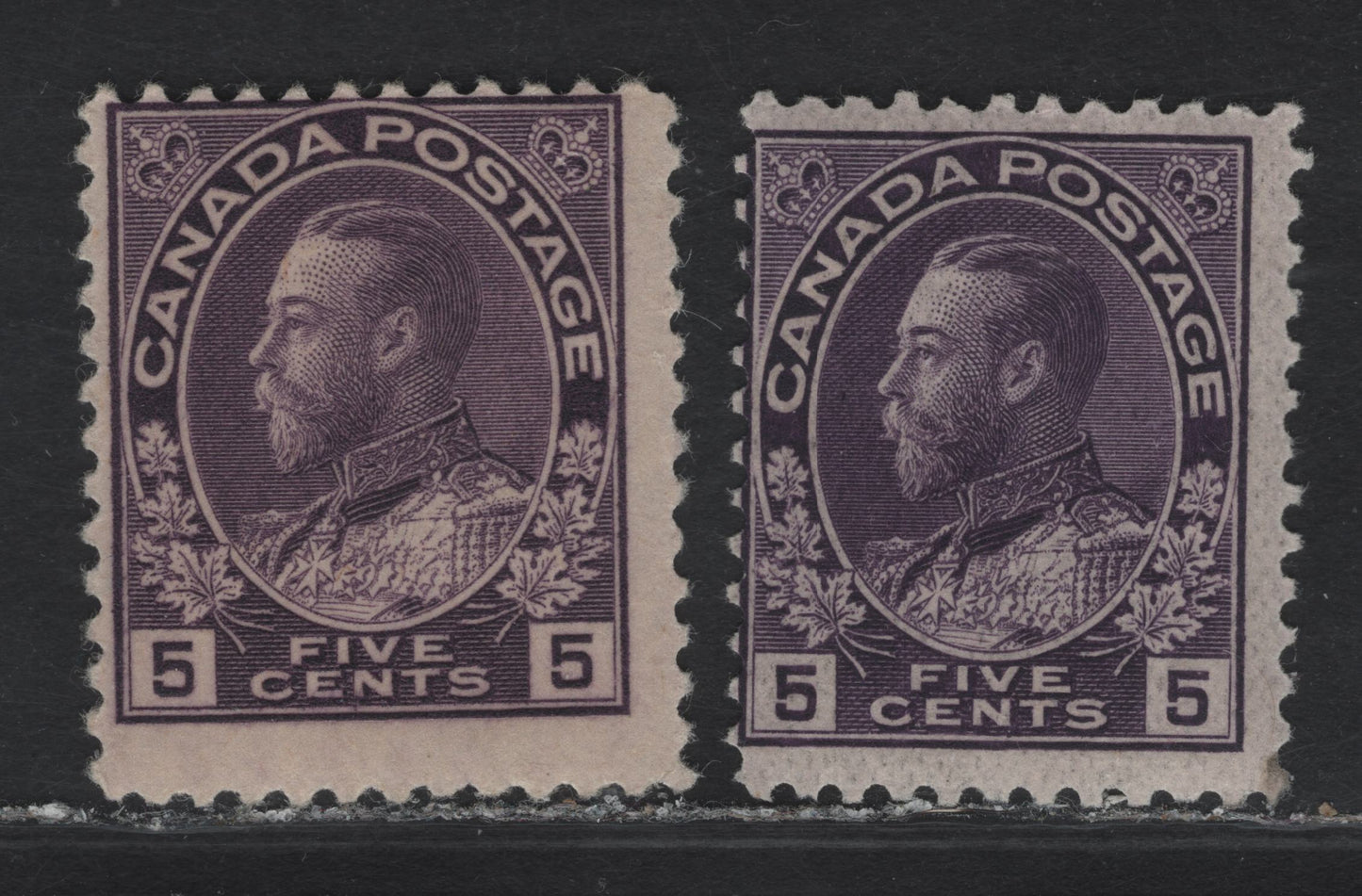 Lot 158 (C) Canada  #112a, 112c 5c Deep Rose Lilac King George V, 1911-1925 Admiral Issue, A VGNH Single, Wet & Dry Printings, Papers ABN-WWW (Wet) & ABN-G (Dry), Perfs 12x11.9 & 11.9x11.8.
