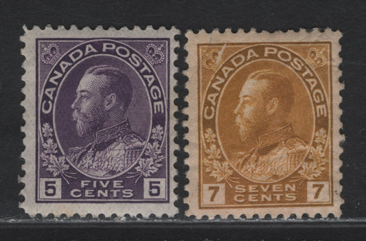 Lot 159 (C) Canada  #112a, 113 5c & 7c Deep Rose Lilac & Deep Yellow Ochre King George V, 1911-1925 Admiral Issue, 2 VGRG & Fine Unused Singles, Wet Printings, Normal Framelines, Papers ABN-NNN & ABN-E, Perfs 12.1x11.9.