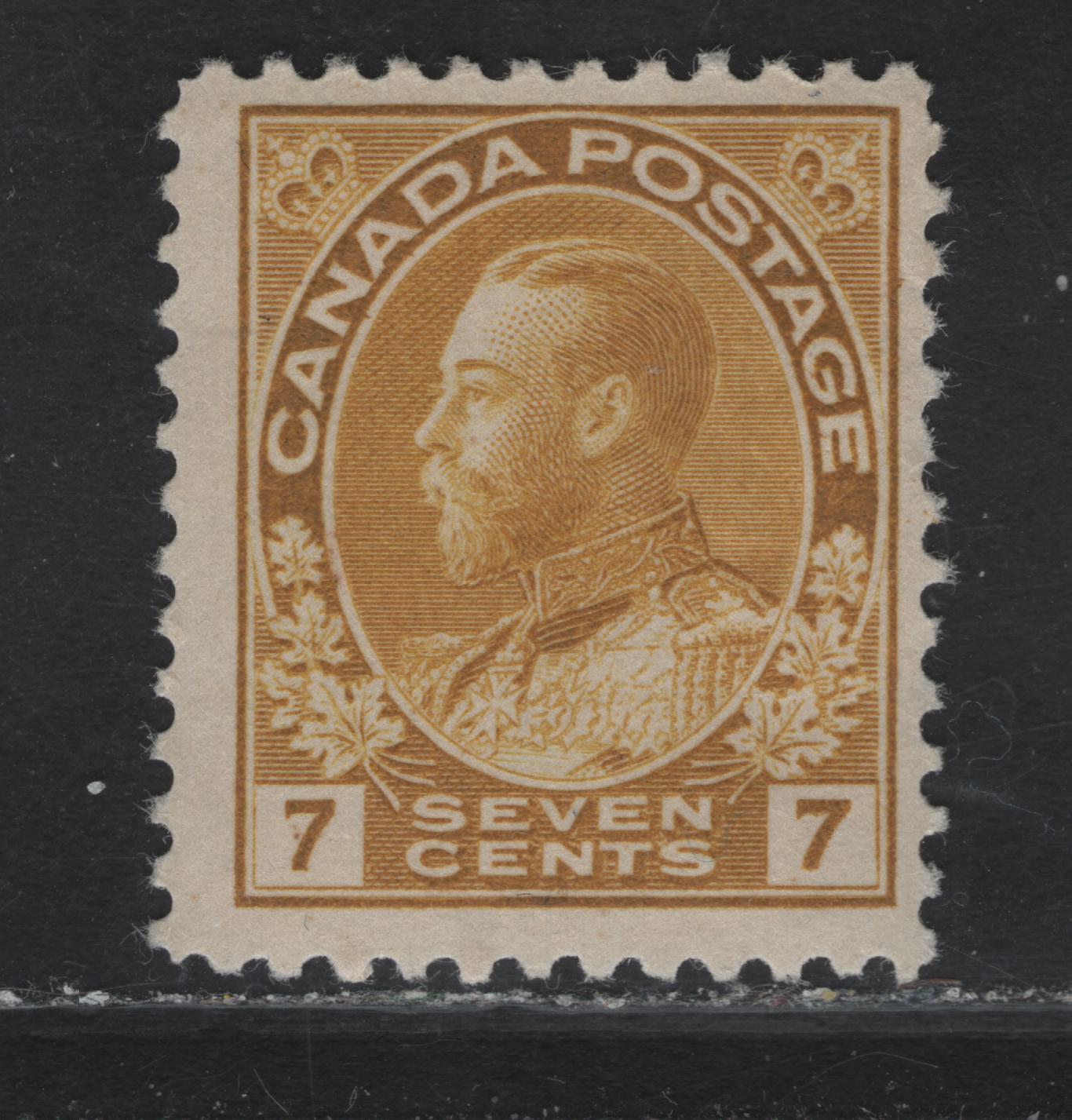 Lot 161 (C) Canada  #113 7c Yellow Ochre King George V, 1911-1925 Admiral Issue, A FOG Single, Wet Printing, Paper ABN-E, Perf 12x11.9, Normal Frameline.
