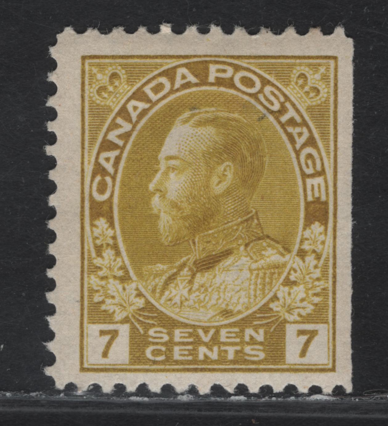 Lot 166 (C) Canada  #113iv 7c Greenish Yellow King George V, 1911-1925 Admiral Issue, A FOG Right Sheet Margin Single, Paper ABN-E, Normal Frameline, Perf 11.8x11.9, Natural Straight Edge.