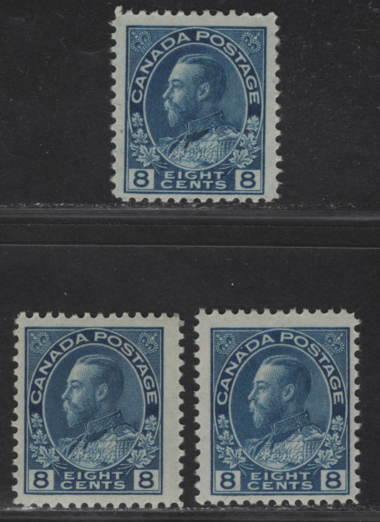 Lot 176 (C) Canada  #115, 115i 8c Blue & Light Blue King George V, 1911-1925 Admiral Issue, 3 FNH Singles, Dry Printings, Papers ABN-XXX, ABN-M & ABN-RRR, Perfs 12.1x12, 12.1x11.9 & 12x11.8.
