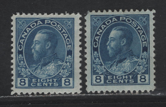 Lot 177 (C) Canada  #115, 115i 8c Light Bright Blue - Prussian Blue King George V, 1911-1925 Admiral Issue, 2 FOG Singles, Dry Printings, Papers ABN-F & ABN-G, Perfs 11.9x12 & 11.9.