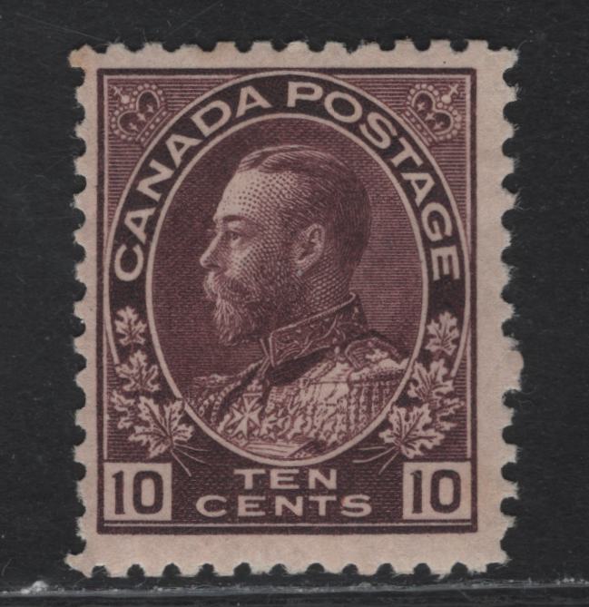 Lot 181 (C) Canada  #116a 10c Reddish Plum King George V, 1911-1925 Admiral Issue, A VGOG Single, Paper ABN-A, Normal Frameline, Perf 11.9,Small Hinge Thin.
