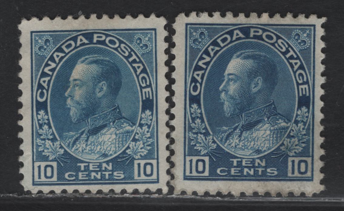 Lot 187 (C) Canada  #117a, 117ii 10c Blue & New Blue King George V, 1911-1925 Admiral Issue, 2 Fine/Very Fine Unused Singles, Dry & Wet Printings, Papers ABN-F (Dry) & ABN-E (Wet), Weakly Retouched Frameline, Perfs 11.8x11.95 & 12.