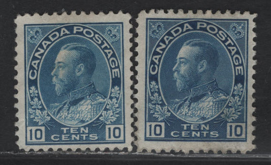 Lot 187 (C) Canada  #117a, 117ii 10c Blue & New Blue King George V, 1911-1925 Admiral Issue, 2 Fine/Very Fine Unused Singles, Dry & Wet Printings, Papers ABN-F (Dry) & ABN-E (Wet), Weakly Retouched Frameline, Perfs 11.8x11.95 & 12.
