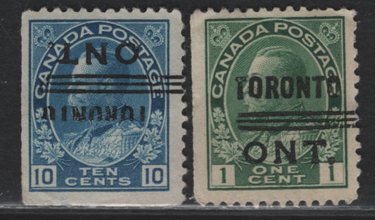 Lot 190 (C) Canada  #104xx, 117xx 1c - 10c Dark Green - Deep New Blue King George V, 1911-1925 Admiral Issue, 2 Very Good/Fine Used Singles, Wet Printing, Different Toronto Style 7 Precancel Varieties
