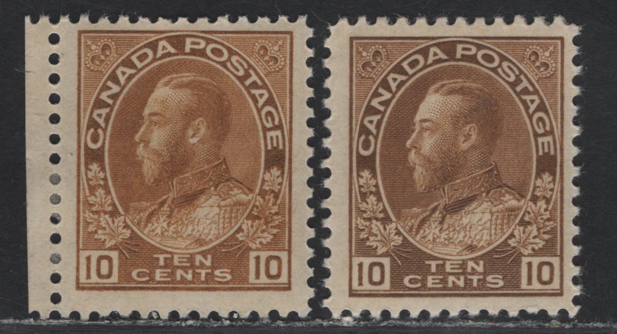 Lot 195 (C) Canada  #118, 118b 10c Bistre Brown - Yellow Bistre Brown King George V, 1911-1925 Admiral Issue, 2 VFOG Singles, Dry Printings, Papers ABN-F & ABN-RRR, Perfs 11.9x12 & 12x11.9.