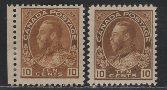 Lot 195 (C) Canada  #118, 118b 10c Bistre Brown - Yellow Bistre Brown King George V, 1911-1925 Admiral Issue, 2 VFOG Singles, Dry Printings, Papers ABN-F & ABN-RRR, Perfs 11.9x12 & 12x11.9.