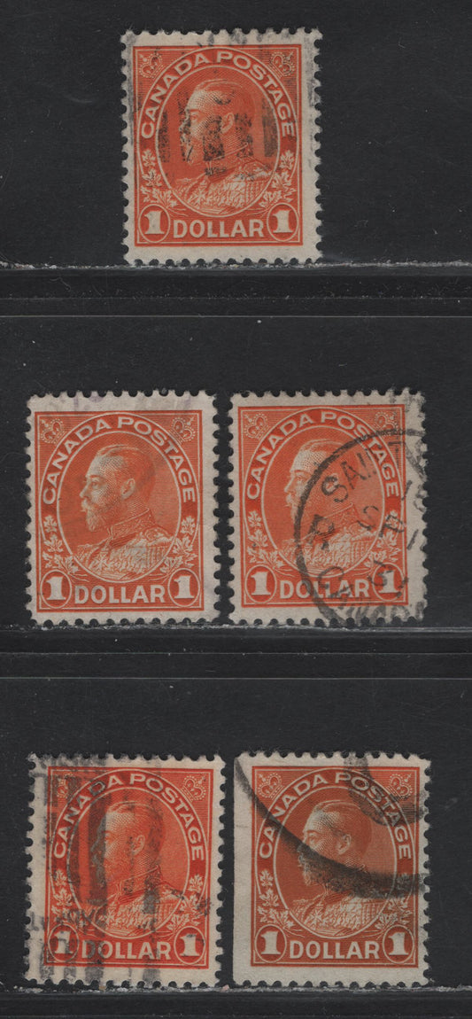 Lot 214 (C) Canada  #122, 122a, 122iv $1 Orange - Deep Orange King George V, 1911-1925 Admiral Issue, 5 Fine Used Singles, Wet & Dry Printings, Different Papers & Perfs