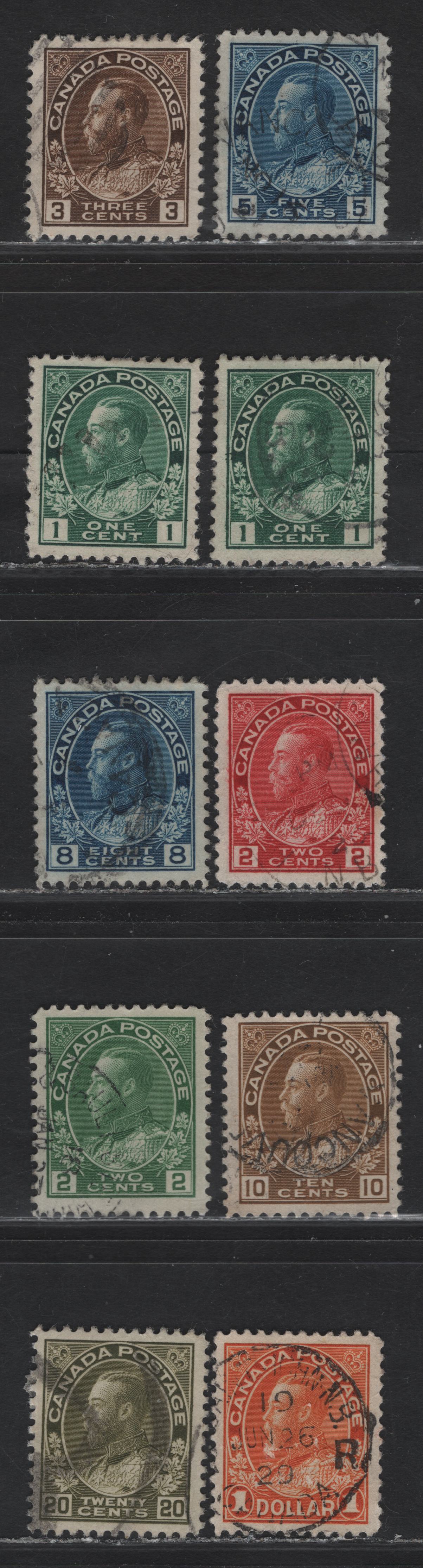 Lot 215 (C) Canada  #104, 108, 107iv, 106, 111, 115, 118, 122b, 119 1c - $1 Dark Green - Orange King George V, 1911-1925 Admiral Issue, 10 Very Fine Used Singles, Wet & Dry Printings