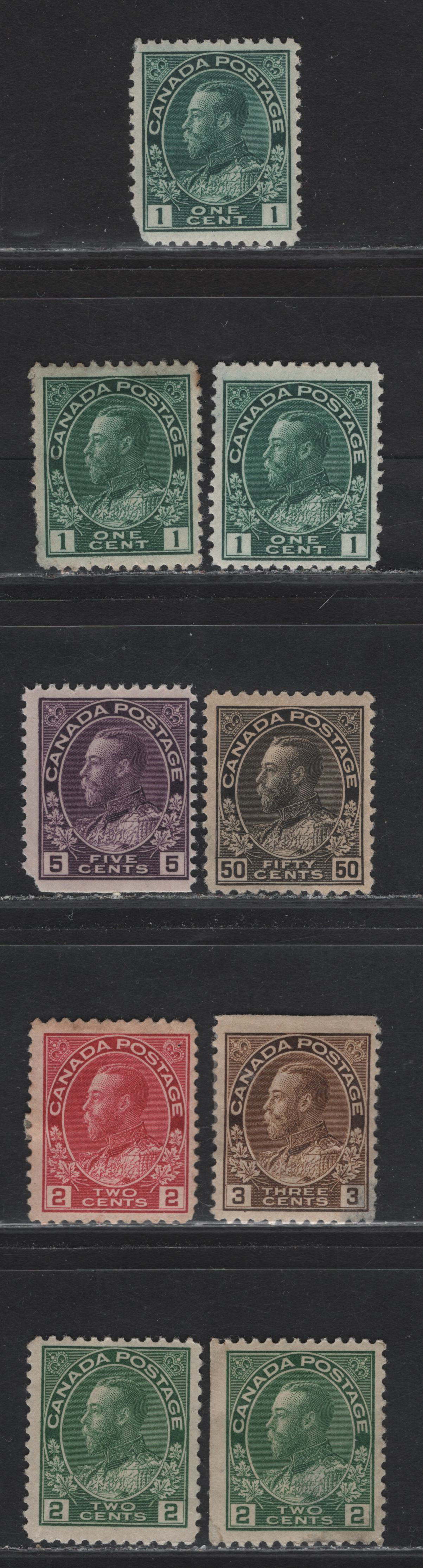 Lot 216 (C) Canada  #104b, 106c, 107iv, 108b, 112c, 120ii 1c - 50c Blue Green - Brown Black King George V, 1911-1925 Admiral Issue, 7 Ungraded Mint Singles, Moderate To Severe Faults, Ideal As Study Material