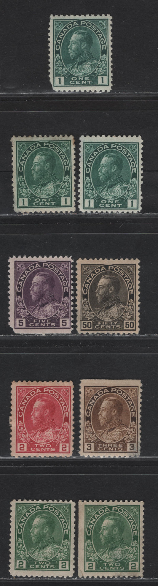Lot 216 (C) Canada  #104b, 106c, 107iv, 108b, 112c, 120ii 1c - 50c Blue Green - Brown Black King George V, 1911-1925 Admiral Issue, 7 Ungraded Mint Singles, Moderate To Severe Faults, Ideal As Study Material