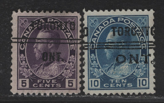Lot 217 (C) Canada  #112axx, 117axx 5c - 10c Dark Rose Lilac - Blue King George V, 1911-1925 Admiral Issue, 2 Fine/Very Fine Precancelled Singles, Toronto Style 7 & 10 Precancels, 5c is On the Thin Experimental Paper (ABN-NNN)