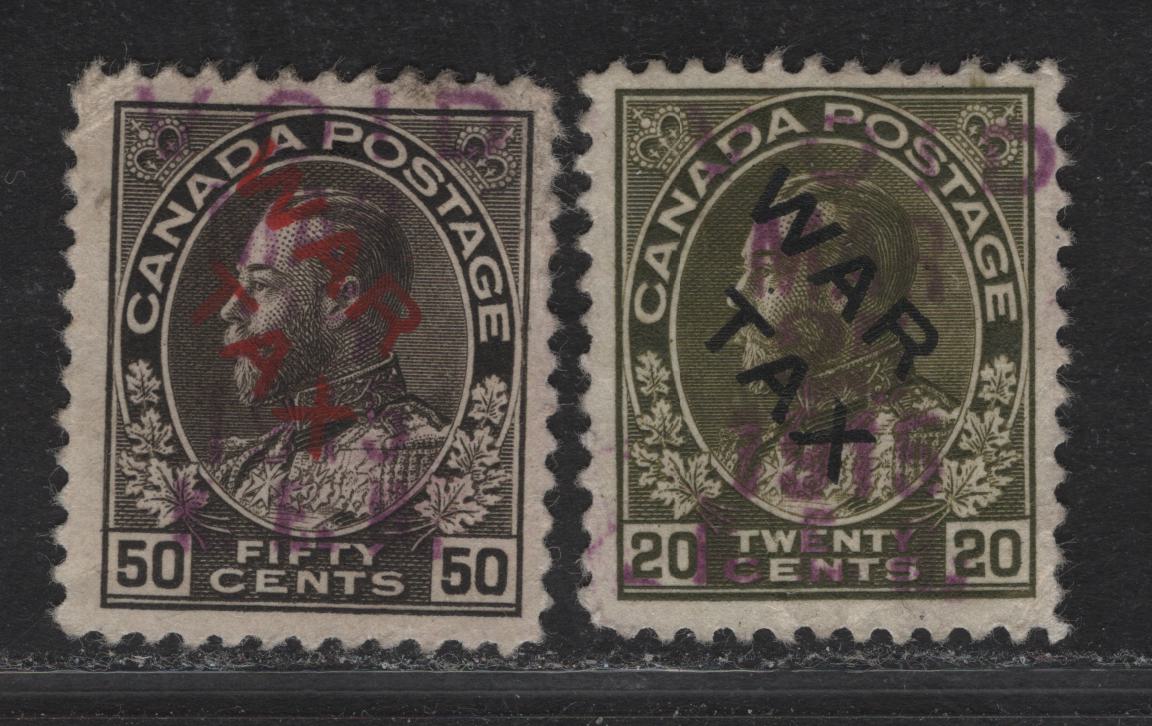 Lot 218 (C) Canada  #MR2c, MR2D 20c - 50c Olive Green - Black King George V, 1915 War Tax Issue, 2 Very Good Used Singles, Papers ABN-E & ABN-A, Perf 12x11.9, Light Creases