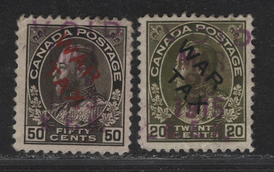 Lot 218 (C) Canada  #MR2c, MR2D 20c - 50c Olive Green - Black King George V, 1915 War Tax Issue, 2 Very Good Used Singles, Papers ABN-E & ABN-A, Perf 12x11.9, Light Creases
