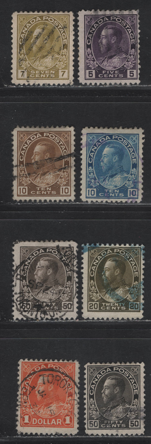 Lot 218A (C) Canada  #112a, 113iv, 117, 118, 119c, 120, 120ii, 122 5c - $1 Dark Rose Lilac - Orange King George V, 1911-1925 Admiral Issue, 8 Fine Used Singles, Wet & Dry Printings, 5c On Paper ABN-NNN