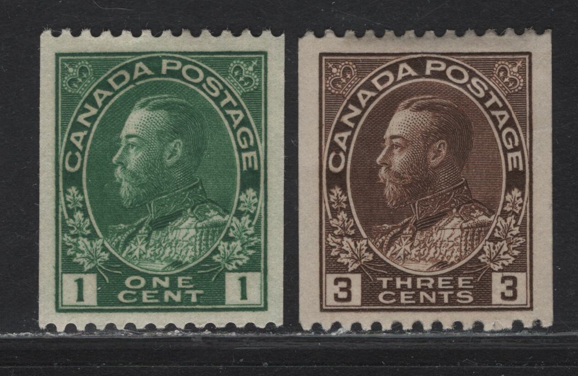 Lot 221 (C) Canada  #131, 134 1c - 3c Deep Yellowish Green - Deep Brown King George V, 1915-1924 Admiral Coil Issue, 2 VFOG Single, Paper ABN-E, Perfs 11.9 & 12 Horizontal