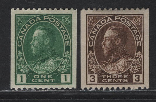 Lot 221 (C) Canada  #131, 134 1c - 3c Deep Yellowish Green - Deep Brown King George V, 1915-1924 Admiral Coil Issue, 2 VFOG Single, Paper ABN-E, Perfs 11.9 & 12 Horizontal