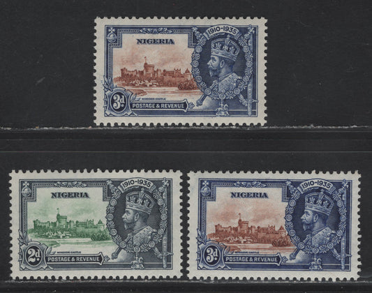 Nigeria SG#31-32 2d - 3d Green & Indigo - Brown & Deep Blue KGV & Windsor Castle, 1935 Silver Jubilee Issue, 3 VFNH Singles, Two Shades of 3d