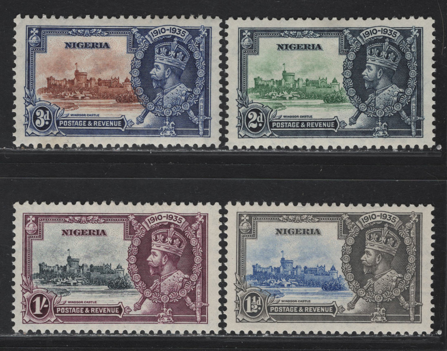Lot 225 (C) Nigeria SG#30-33 1.5d - 1/- Ultramarine & Gray -Slate & Purple KGV & Windsor Castle, 1935 Silver Jubilee Issue, 4 VFOG Singles, Basic Hinged Set
