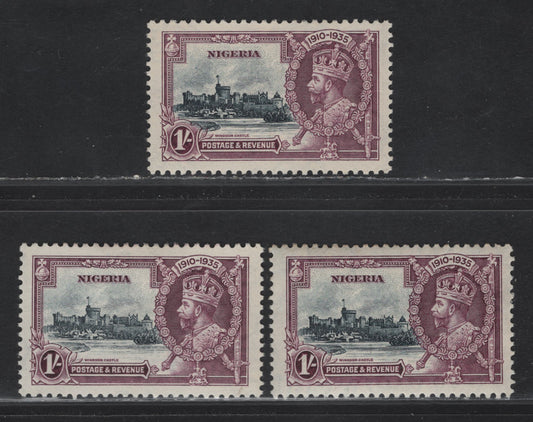 Lot 227 Nigeria SG#33 1/- Slate & Purple KGV & Windsor Castle, 1935 Silver Jubilee Issue, 3 VFOG Singles, Shade Group, Three Variations of Frame & Vignette Shades