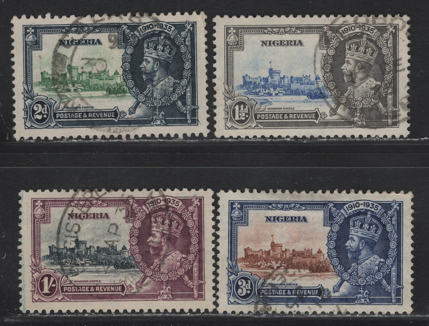 Lot 228 Nigeria SG#30-33 1.5d - 1/- Ultramarine & Gray -Slate & Purple KGV & Windsor Castle, 1935 Silver Jubilee Issue, 4 Very Fine Used Singles