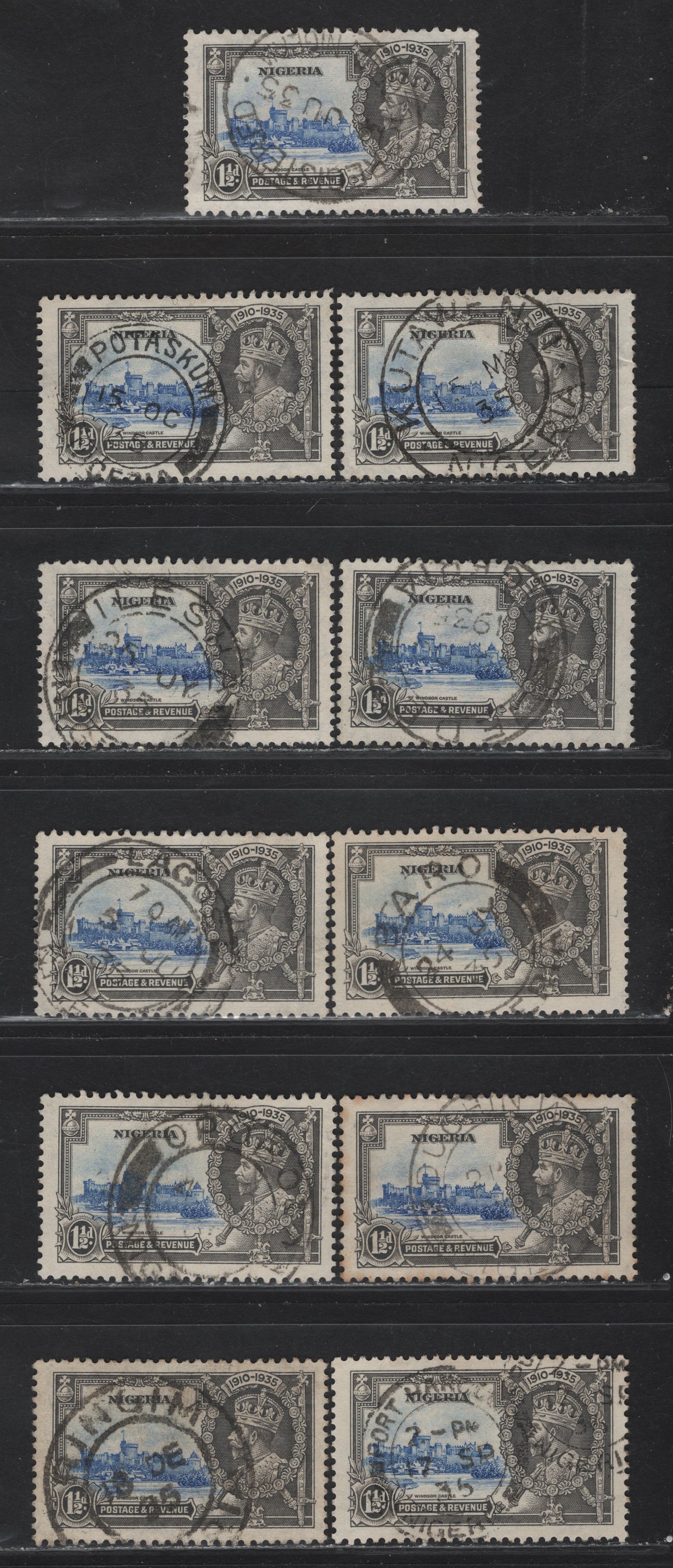 Lot 229 Nigeria SG#30 1.5d Ultramarine & Gray KGV & Windsor Castle, 1935 Silver Jubilee Issue, 11 Very Fine Used Singles, Town & Village Cancels