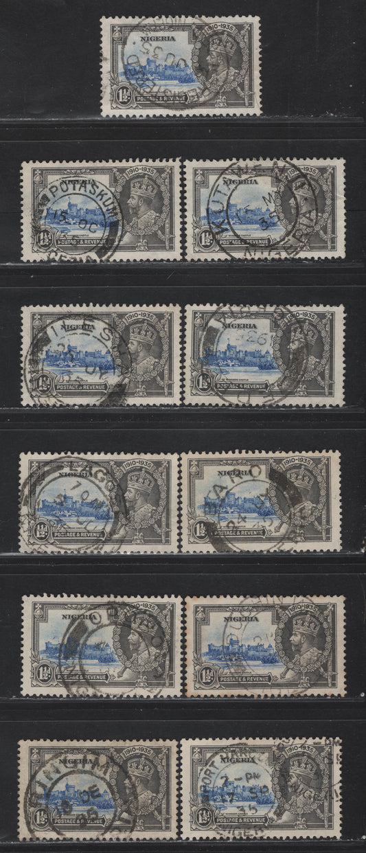 Lot 229 Nigeria SG#30 1.5d Ultramarine & Gray KGV & Windsor Castle, 1935 Silver Jubilee Issue, 11 Very Fine Used Singles, Town & Village Cancels