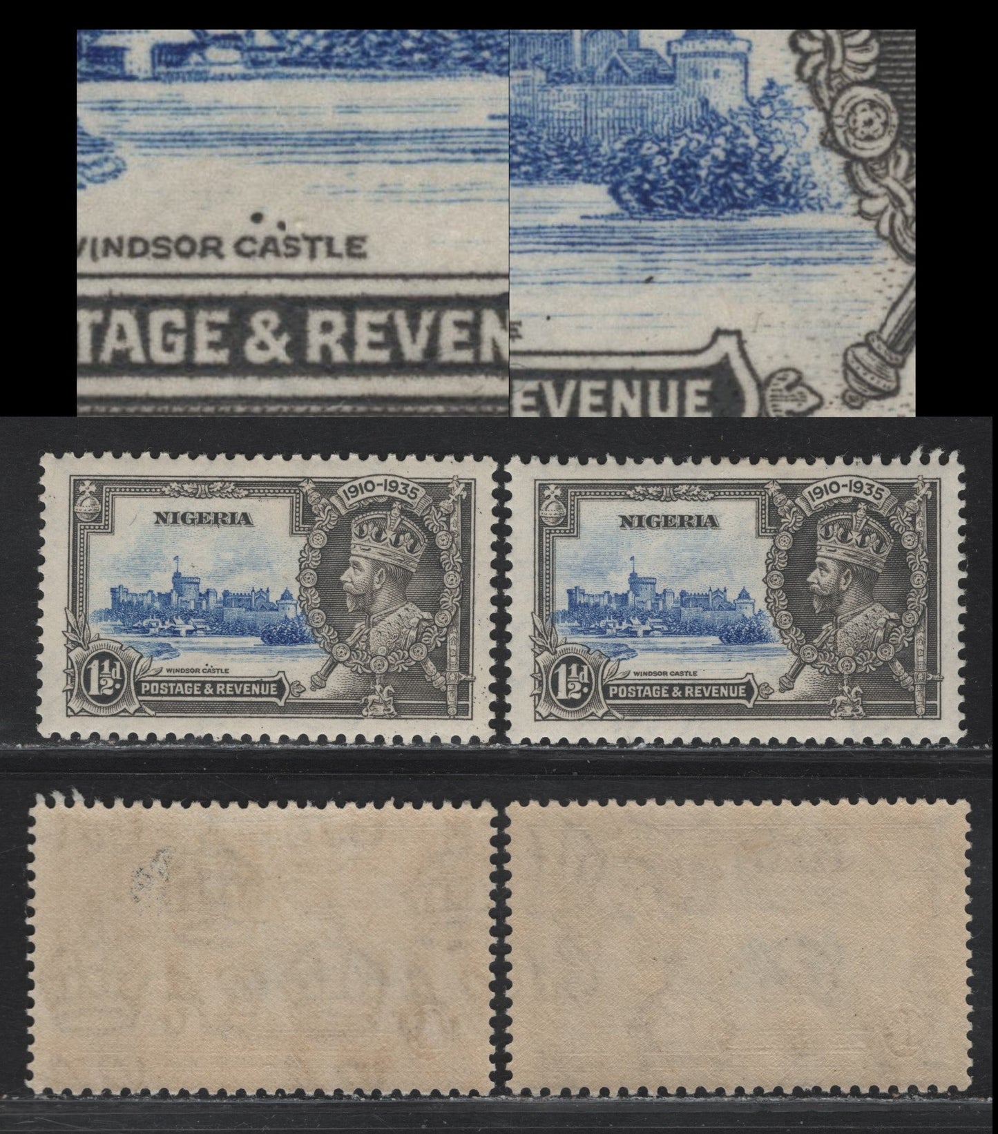 Lot 231 Nigeria SG#30 1.5d Ultramarine & Gray KGV & Windsor Castle, 1935 Silver Jubilee Issue, 2 VFOG Singles, Showing 2 Varieties Of The Frame Plate, Which May Be Constant