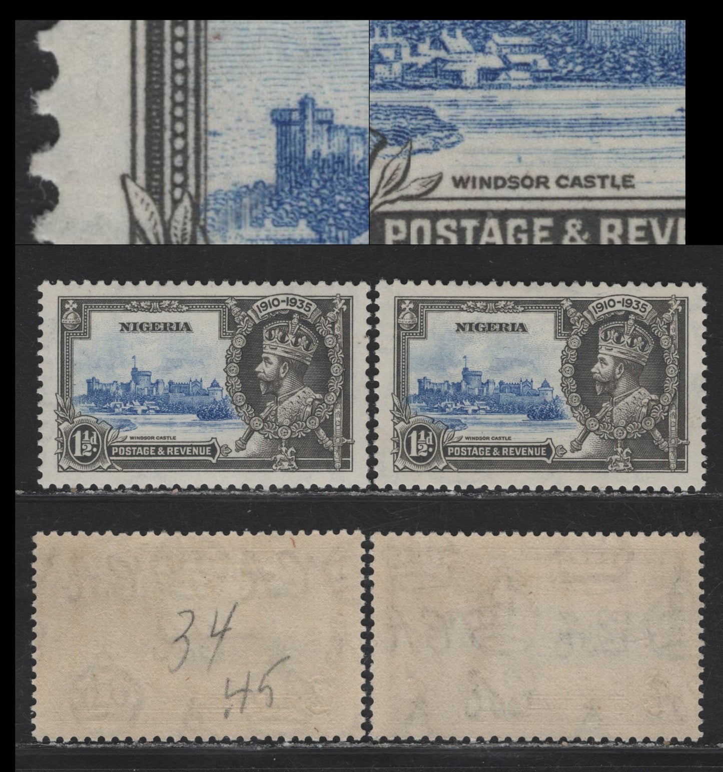 Lot 232 Nigeria SG#30var 1.5d Ultramarine & Gray KGV & Windsor Castle, 1935 Silver Jubilee Issue, 2 VFOG Singles, Potentially ConstantVarieties Of The Vignette Plate