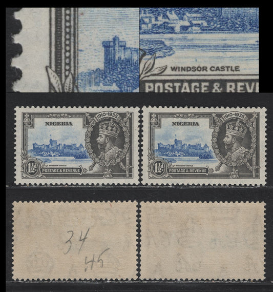 Lot 232 Nigeria SG#30var 1.5d Ultramarine & Gray KGV & Windsor Castle, 1935 Silver Jubilee Issue, 2 VFOG Singles, Potentially ConstantVarieties Of The Vignette Plate