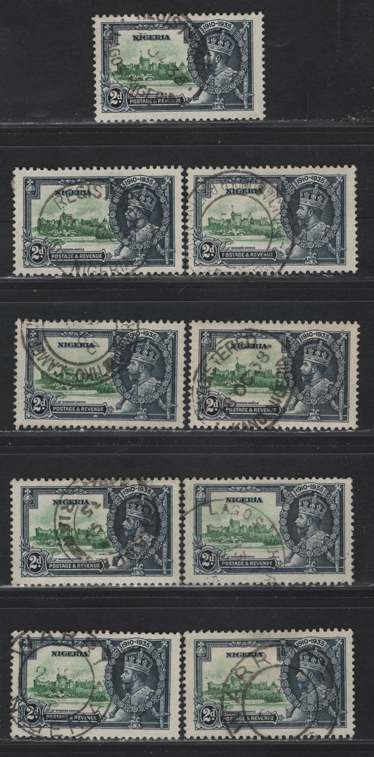 Lot 233 Nigeria SG#31 2d Green & Indigo KGV & Windsor Castle, 1935 Silver Jubilee Issue, 9 Fine/Very Fine Used Singles, Town & Village Cancels .