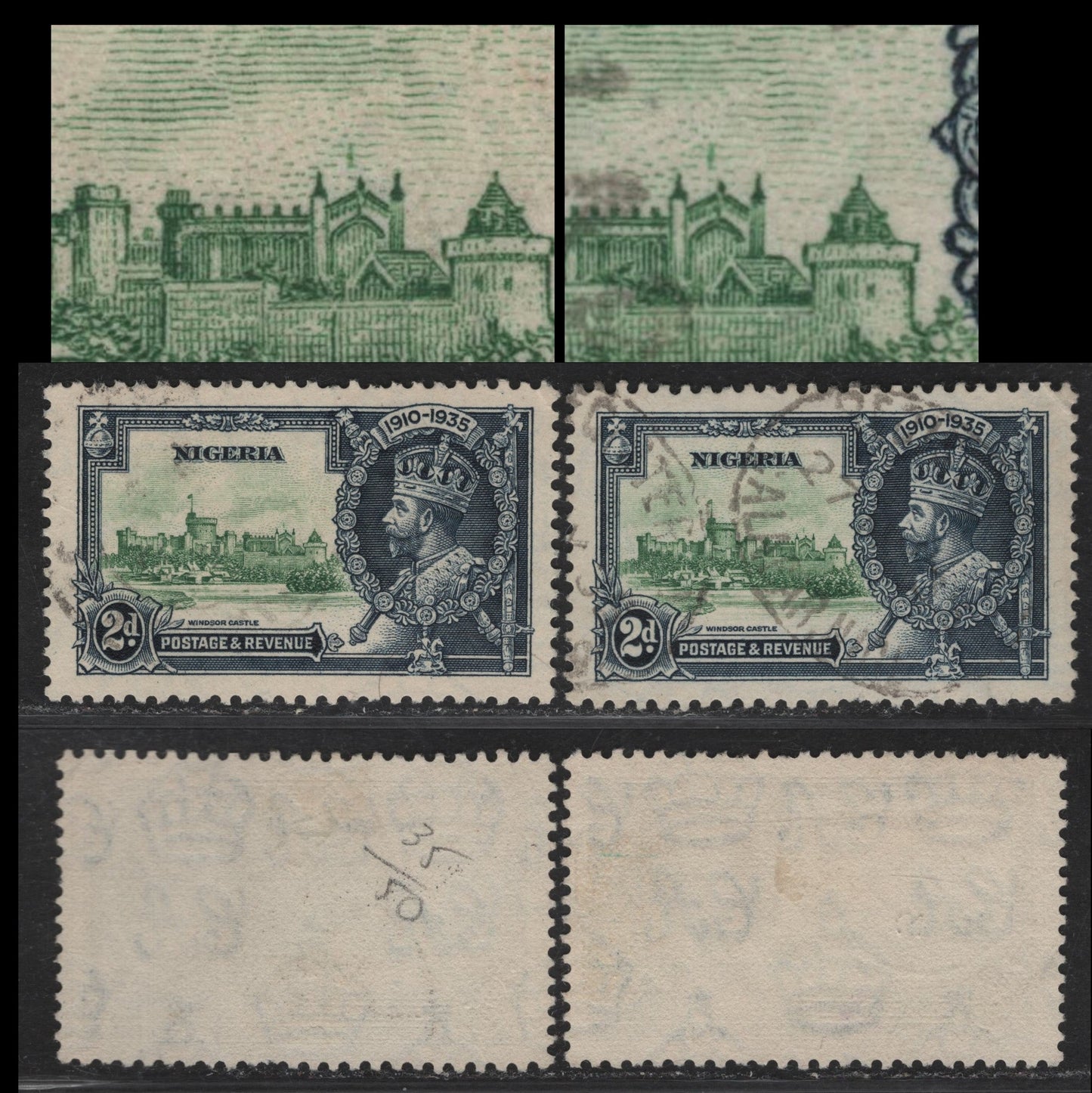 Lot 236 Nigeria SG#31var 2d Green & Indigo KGV & Windsor Castle, 1935 Silver Jubilee Issue, 2 Very Fine Used Singles, Showing The Bird Above Chapel Variety In The Same Place, Proving The Variety Is Constant