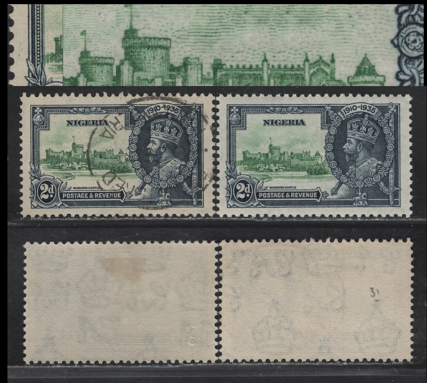 Lot 237 Nigeria SG#31var 2d Green & Indigo KGV & Windsor Castle, 1935 Silver Jubilee Issue, 2 VFOG & Very Fine Used Singles, Showing Constant Green Scratches In Left Margin & Flock Of Birds In The Sky