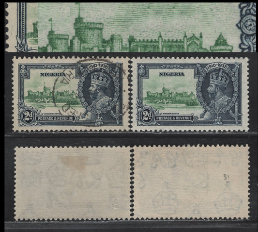 Lot 237 Nigeria SG#31var 2d Green & Indigo KGV & Windsor Castle, 1935 Silver Jubilee Issue, 2 VFOG & Very Fine Used Singles, Showing Constant Green Scratches In Left Margin & Flock Of Birds In The Sky