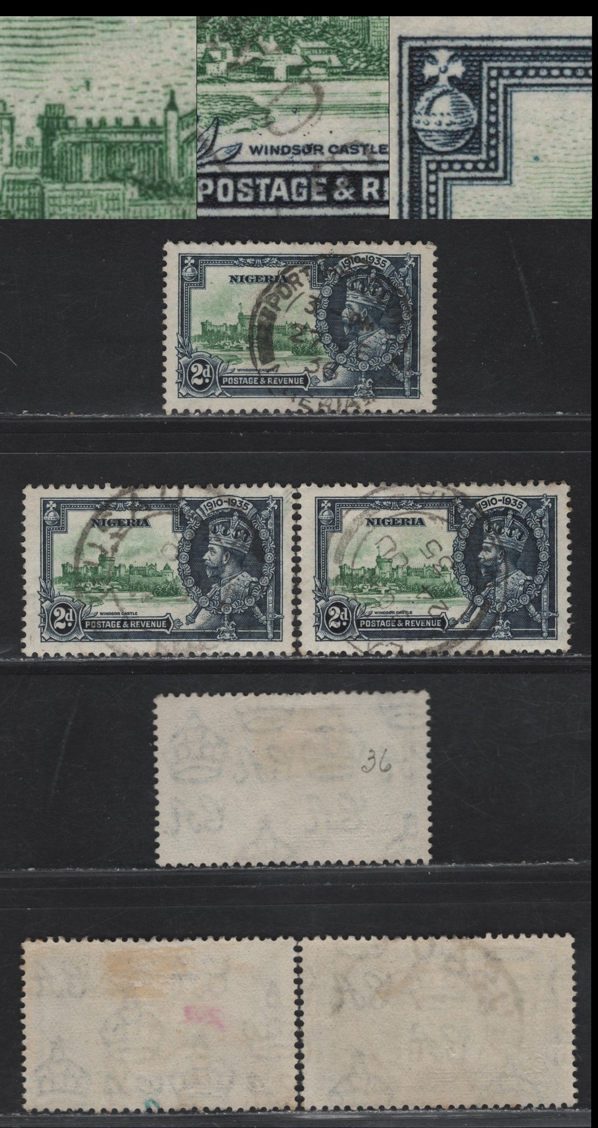 Lot 238 Nigeria SG#31var 2d Green & Indigo KGV & Windsor Castle, 1935 Silver Jubilee Issue, 3 Very Fine Used Singles, Showing Constant Varieties Of The Vignette & Frame