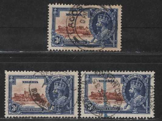 Lot 242 Nigeria SG#32 3d Reddish Brown & Deep Blue KGV & Windsor Castle, 1935 Silver Jubilee Issue, 3 Fine/Very Fine Used Singles, Three Different Town/Village Cancels