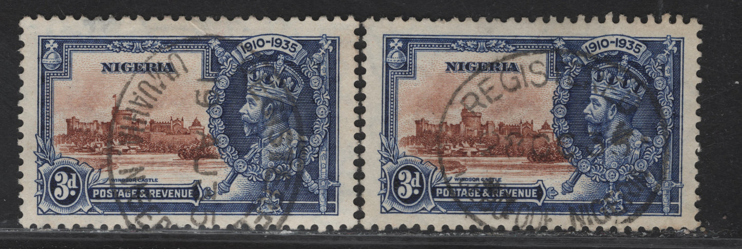 Lot 244 Nigeria SG#32 3d Orange Brown & Deep Blue KGV & Windsor Castle, 1935 Silver Jubilee Issue, 2 Very Fine Used Singles, Two Different Registered Cancels, Umuahia & Jjebu Ode
