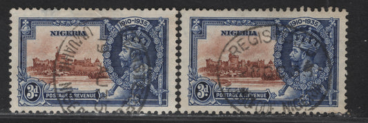 Lot 244 Nigeria SG#32 3d Orange Brown & Deep Blue KGV & Windsor Castle, 1935 Silver Jubilee Issue, 2 Very Fine Used Singles, Two Different Registered Cancels, Umuahia & Jjebu Ode