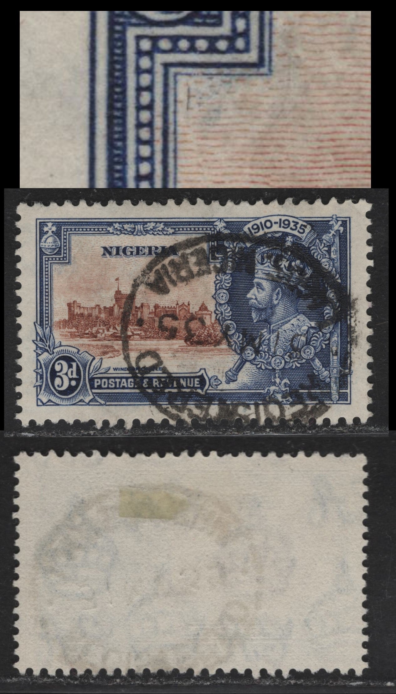 Lot 246 Nigeria SG#32 3d Orange Brown & Deep Blue KGV & Windsor Castle, 1935 Silver Jubilee Issue, A Very Fine Used Single, Showing Vertical Scratch In Sky Under Orb