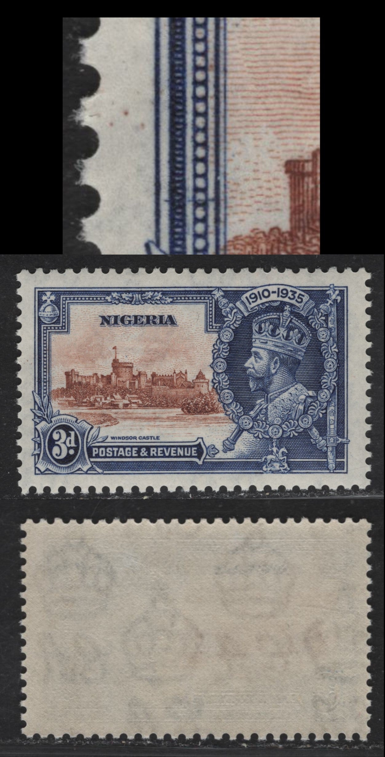 Lot 247 Nigeria SG#32 3d Orange Brown & Deep Blue KGV & Windsor Castle, 1935 Silver Jubilee Issue, A VFNH Single, Showing Cross Plate Marking Through Left Frame
