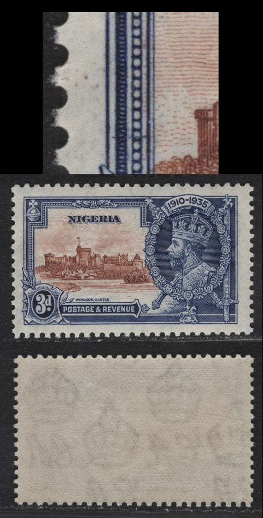 Lot 247 Nigeria SG#32 3d Orange Brown & Deep Blue KGV & Windsor Castle, 1935 Silver Jubilee Issue, A VFNH Single, Showing Cross Plate Marking Through Left Frame