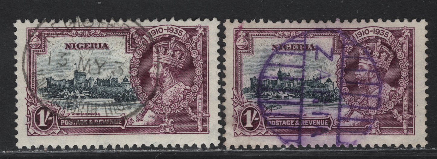 Nigeria SG#33 1/- Slate & Purple KGV & Windsor Castle, 1935 Silver Jubilee Issue, 2 Fine Used Singles, Zaria Parcel Cancel & Kadona North Registery Cancel