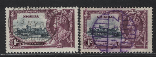 Lot 249 Nigeria SG#33 1/- Slate & Purple KGV & Windsor Castle, 1935 Silver Jubilee Issue, 2 Fine Used Singles, Zaria Parcel Cancel & Kadona North Registery Cancel