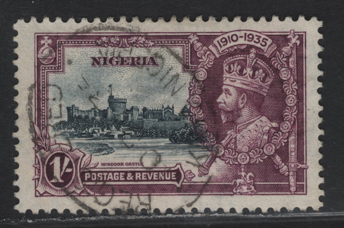 Lot 250 Nigeria SG#33 1/- Slate & Purple KGV & Windsor Castle, 1935 Silver Jubilee Issue, A Very Fine Used Single, Kano registry Cancel