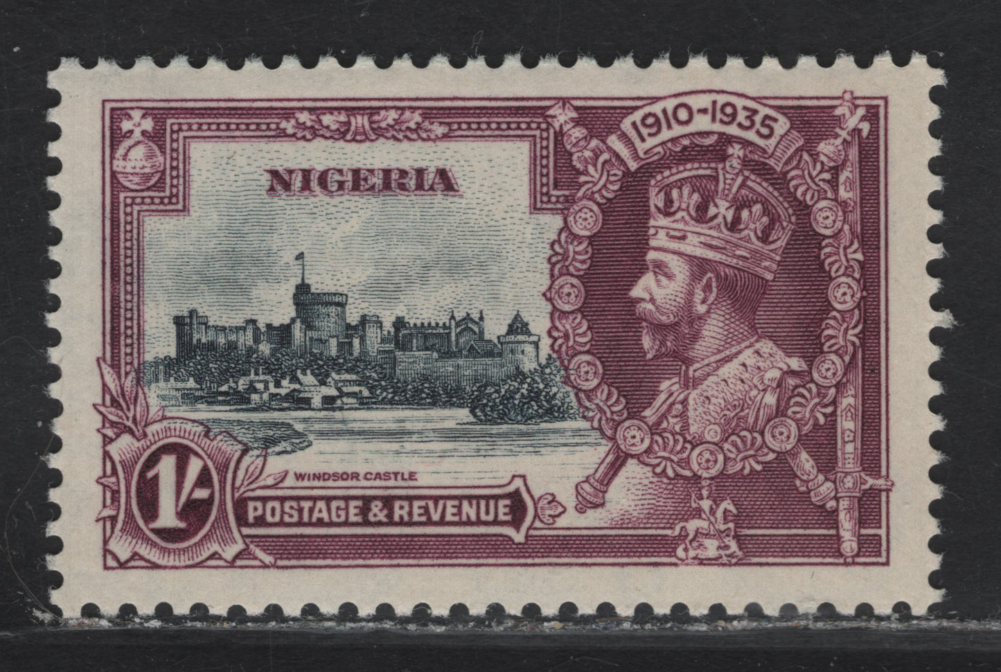 Lot 252 Nigeria SG#33var 1/- Slate & Aniline Purple KGV & Windsor Castle, 1935 Silver Jubilee Issue, A VFNH Single, Aniline Ink Printing, Showing Traces Of The Frame Through The back & Some Suffusion Of Color On The Face