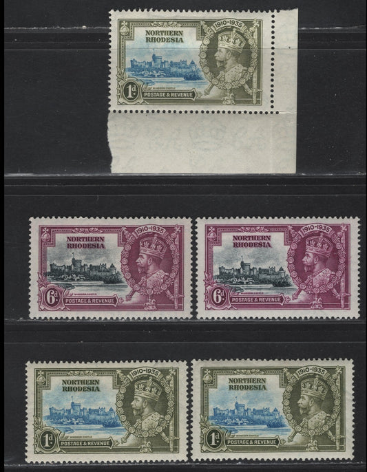 Lot 259 Northern Rhodesia SG#18, 21 1d - 6d Light Blue & Olive Green - Slate & Purple KGV & Windsor Castle, 1935 Silver Jubilee Issue, 5 VFOG Singles, Shade Group, Showing The Subtle Variations In Both The Vignette & Frame Plate Shades