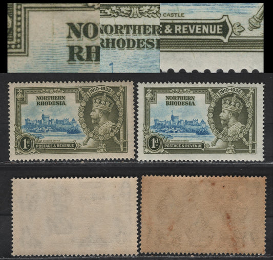 Lot 261 Northern Rhodesia SG#18var 1d Light Blue & Olive Green KGV & Windsor Castle, 1935 Silver Jubilee Issue, 2 VFNH Singles, Showing Varieties Of The Frame Plate