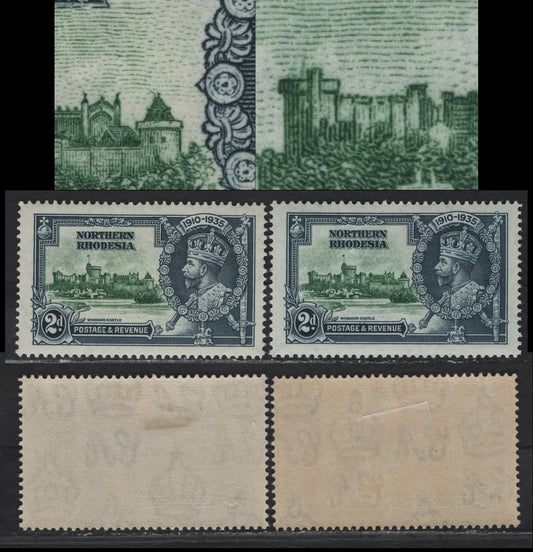 Lot 262 Northern Rhodesia SG#19var 2d Green & Indigo KGV & Windsor Castle, 1935 Silver Jubilee Issue, 2 VFOG Singles, Showing Two Possibly Constant Varieties Of the Vignette Plate